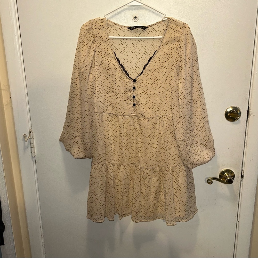 Zara Cream Polka Dot Baby Doll Dress with Black Trim women’s medium